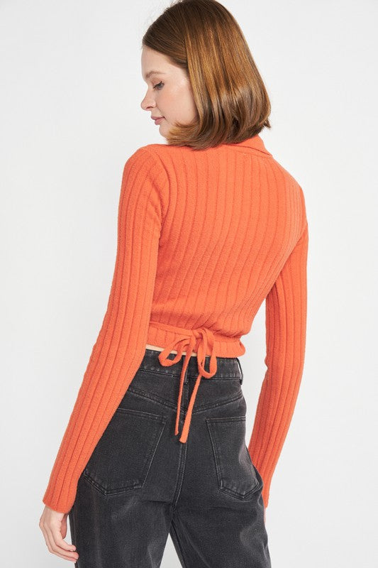 COLLARED LONG SLEEVE CROP TOP