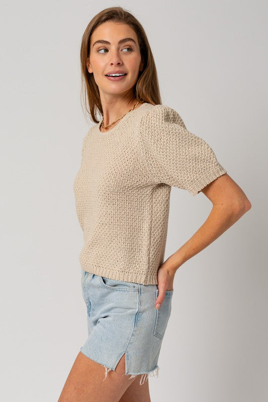 Puff Sleeve Round Neck Texture Sweater Top