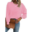 Women Stripe Round Neck Shoulder Long Sleeve Top