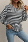 Women Stripe Round Neck Shoulder Long Sleeve Top