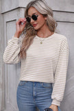 Women Stripe Round Neck Shoulder Long Sleeve Top