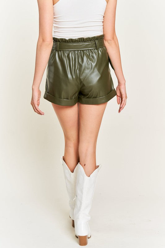 High-rise waist Belted Faux Leather Shorts