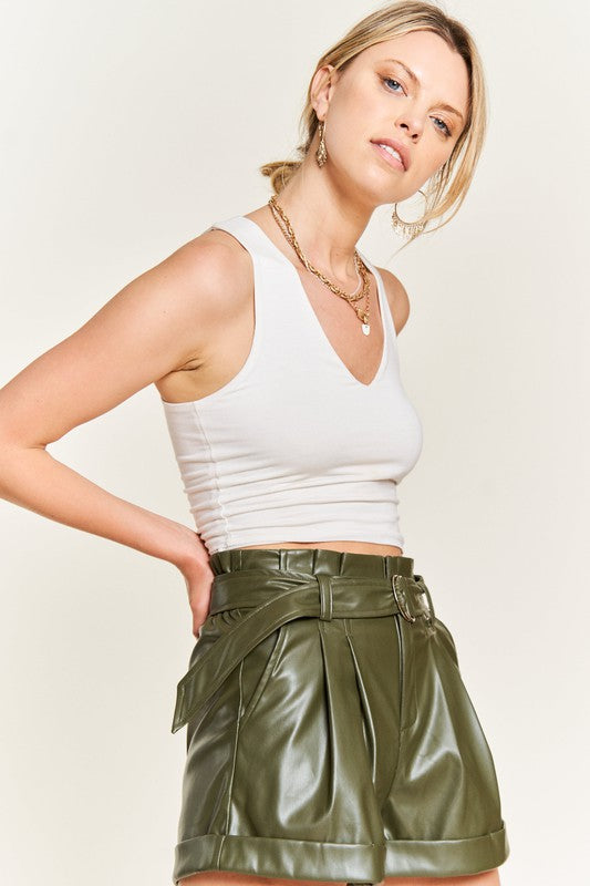 High-rise waist Belted Faux Leather Shorts