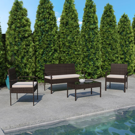 4 Piece Brown Patio Set with Beige Cushions