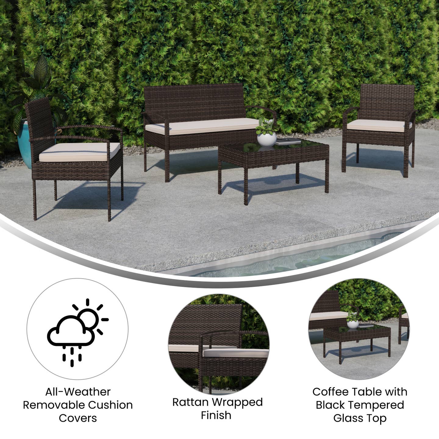 4 Piece Brown Patio Set with Beige Cushions