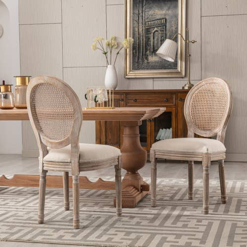 Upholstered Fabrice with Rattan Back French Dining 2 Chairs