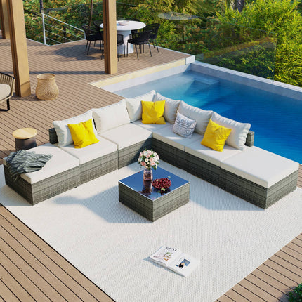 Outdoor 8-Piece Wicker Sofa Set with Beige Cushions