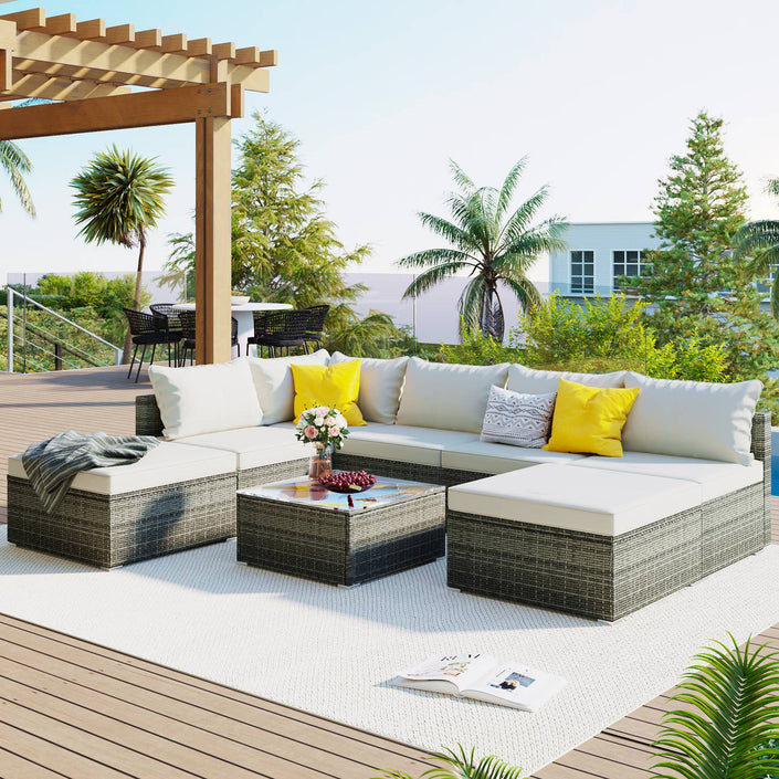 Outdoor 8-Piece Wicker Sofa Set with Beige Cushions