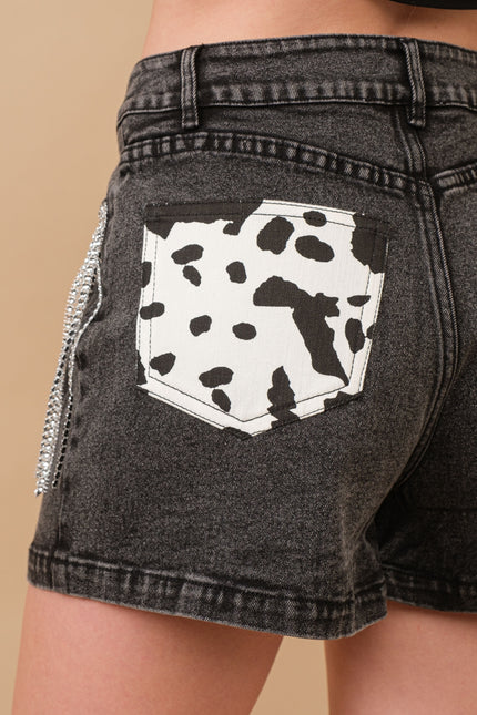 Cow Print Pocket Back Denim Shorts