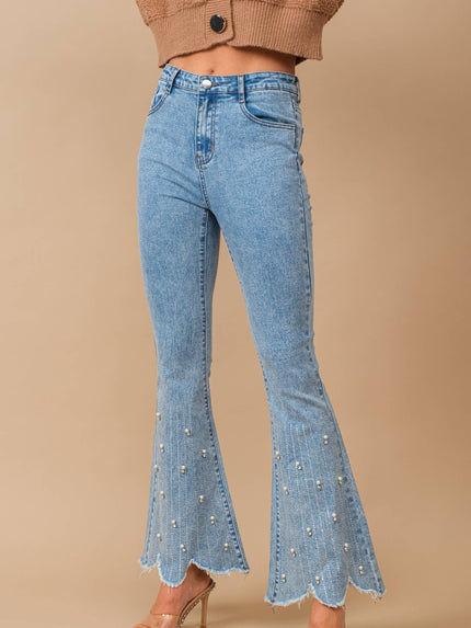 High Waist Scallop Flare w/ Rhinestone Trim Jeans