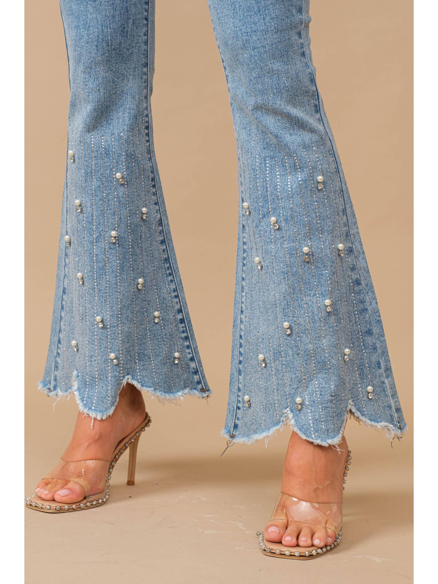 High Waist Scallop Flare w/ Rhinestone Trim Jeans