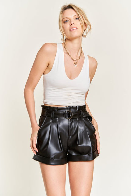 High-rise waist Belted Faux Leather Shorts